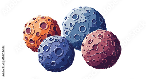 Set of four cratered astronomical bodies like moons or planets shown in a pixel art style with blue and orange colors.