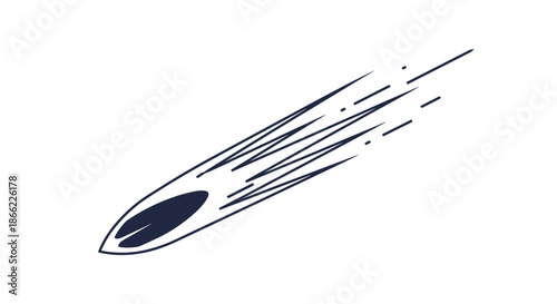 Stylized illustration of a fast moving comet or meteorite with trail lines against a plain white background for design.