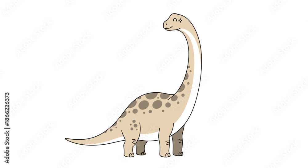 Fototapeta premium Friendly cartoon illustration of a long necked brachiosaurus dinosaur with spots standing calmly on a clean white background.