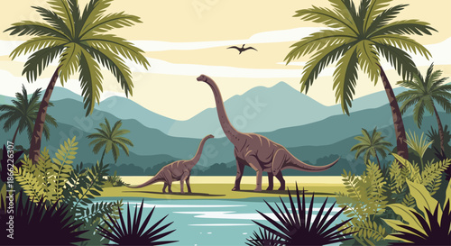 Prehistoric landscape scene featuring two long-necked dinosaurs near a lake with palm trees and distant mountains.