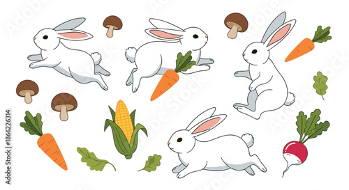 Cute white rabbits jumping and playing with garden vegetables like carrots, corn, mushrooms, and radishes in charming hand drawn style.
