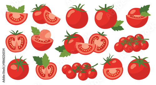 Collection of fresh red tomatoes in various shapes and slices including cherry tomatoes on vine and halves for culinary design.