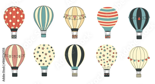 Set of ten vintage style hot air balloons with various patterns and decorations in a warm color palette for travel and adventure themes.