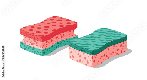Two colorful kitchen cleaning sponges with textured surfaces for household chores and dishwashing on a white background.