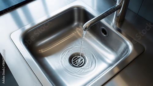 Polished stainless steel kitchen sink with running water filling the basin creating circular ripples around