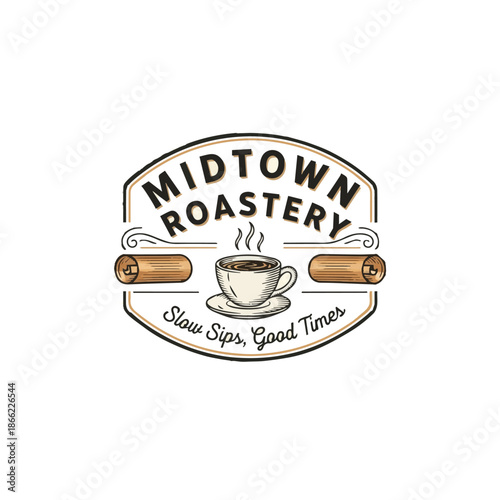 Midtown Roastery Vintage Coffee Logo Design with Cup and Wooden Elements, Perfect for Coffee Shop, Cafe, Roastery Branding