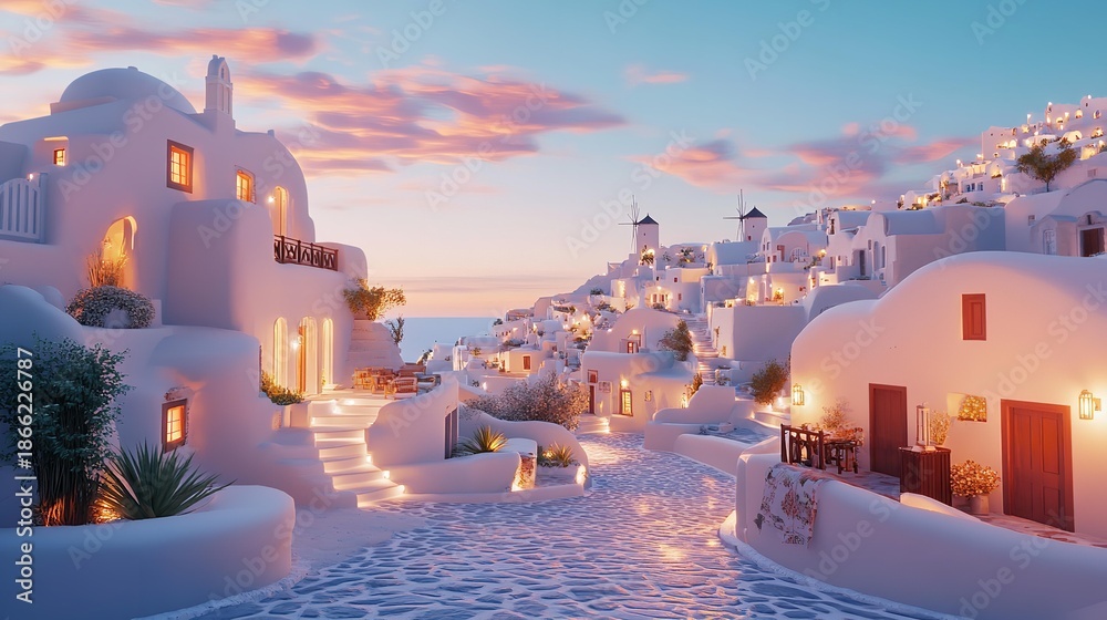 Fototapeta premium Picturesque white architecture and windmills of a greek island village at dreamy sunset creating a serene travel
