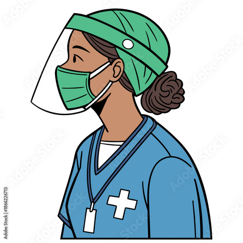 A cartoon-style illustration of a healthcare worker in full protective gear: green surgical cap, face mask, transparent face shield, and blue medical uniform with a white cross badge. 