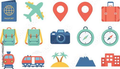 Complete travel and tourism icon set featuring passport airplane suitcases backpacks camera compass trains tropical island and mountain landscapes in flat style