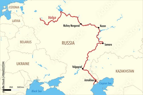 Vector Map of the Volga River Route with Major Cities and Delta in the Caspian Sea