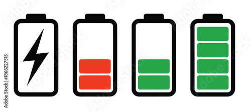 Charging battery icon collection illustrating low power, empty battery, and full charge levels, featuring clean vector signs isolated for user interface design,
