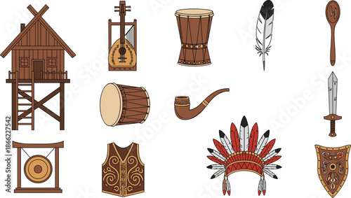 Complete native American and tribal culture icon set featuring a wooden hut headdress drums traditional vest gong shield and ancient weapons