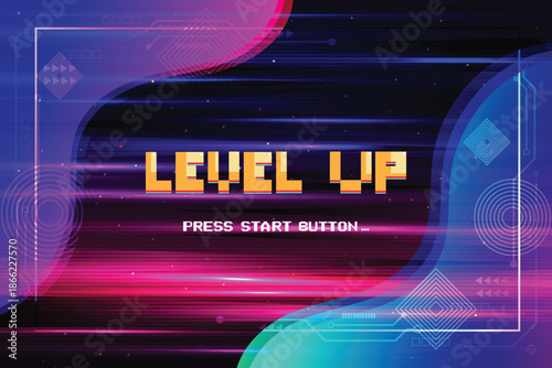 LEVEL UP. pixel art. 8 bit game. Retro Futurism Sci-Fi Background. glowing neon grid. and stars from vintage arcade computer games