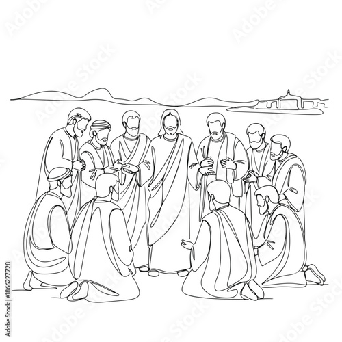 Outline drawing portrays Jesus with his disciples of Jesus. Sacred biblical scene shows apostles listening intently, some kneeling, representing the spiritual journey of disciples of Jesus.