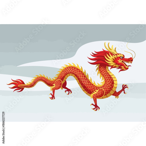 Vibrant Red Dragon Illustration with Golden Accents.