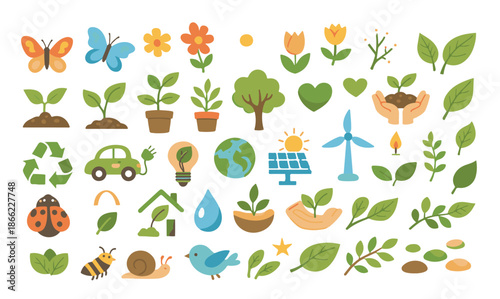 Eco friendly nature icon collection with flat organic elements, renewable green energy icons, sustainable growth plants and garden wildlife illustrations for environmental conservation design