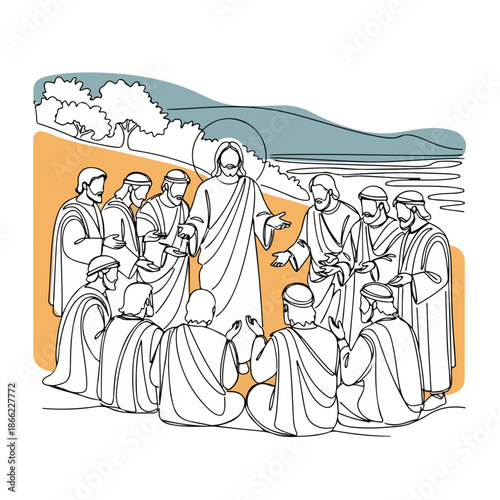 Line art illustration showing disciples of Jesus gathered, listening to teachings. Features apostles, disciples of Jesus, New Testament narrative for religious study.