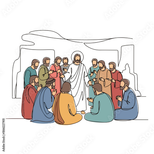Line drawing depicts disciples of Christ with Jesus, illustrating a holy scene from new testament. Apostles listen, portraying sacred teachings to twelve followers, disciples of Christ.