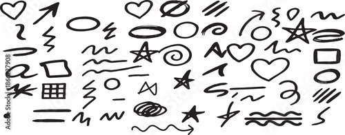 A collection of hand drawn doodles and symbols on a white background