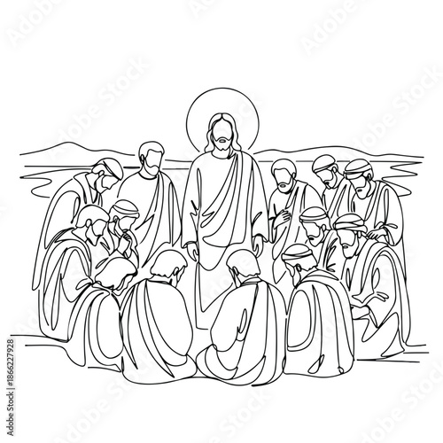 Continuous line illustration depicting disciples of Jesus gathered around spiritual teacher. Detailed biblical scene portraying disciples of Jesus listening intently, symbolizing faith and devotion.