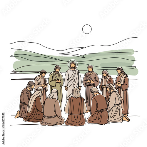 Disciples of Jesus surround spiritual leader in minimalist line art illustration, capturing profound moment from New Testament.