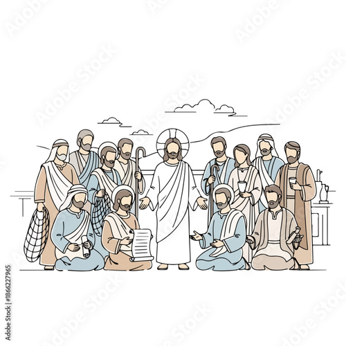 Illustration depicting scene with Jesus and his twelve disciples gathered. Historical religious moment showing disciples of Jesus listening intently to his teachings.