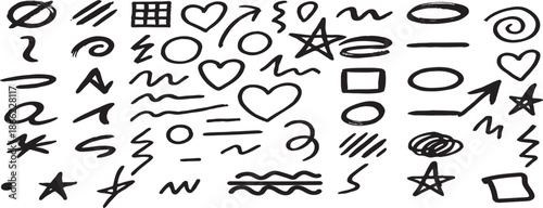 A collection of hand drawn doodles and shapes on a white background