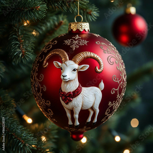 A luxurious, beautiful red Christmas tree ball with a volumetric relief symbol of the Year of the Goat against the background of a Christmas tree, perfect for a New Year's party.