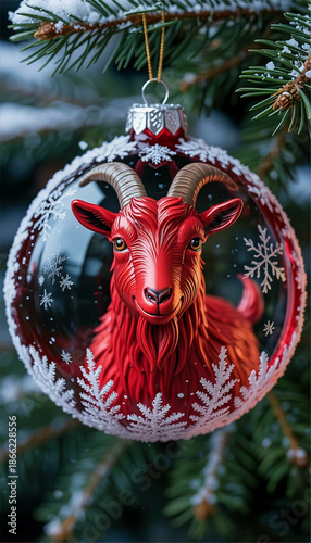 A luxurious, beautiful red Christmas tree ball with a volumetric relief symbol of the Year of the Goat against the background of a Christmas tree, perfect for a New Year's party.