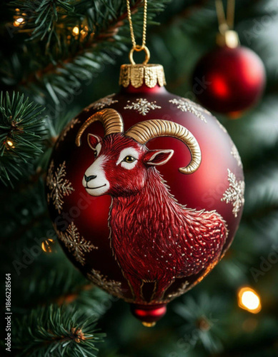 A luxurious, beautiful red Christmas tree ball with a volumetric relief symbol of the Year of the Goat against the background of a Christmas tree, perfect for a New Year's party.