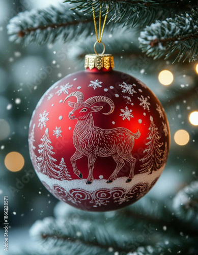 A luxurious, beautiful red Christmas tree ball with a volumetric relief symbol of the Year of the Goat against the background of a Christmas tree, perfect for a New Year's party.