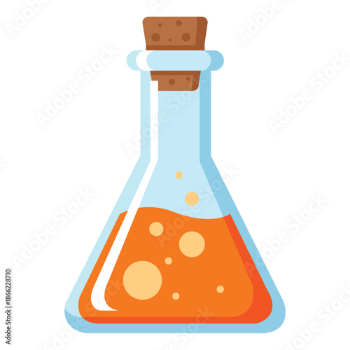 Potion Vial Illustration: A vivid illustration of a conical flask filled with an orange potion, sealed with a cork, suggesting an experiment or alchemical process.