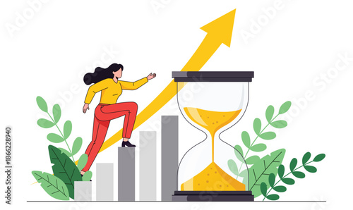 Time and progress: A dynamic illustration captures a determined figure ascending a staircase formed by a growth chart, symbolizing progress. An hourglass adds a layer of time