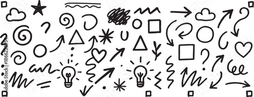 A collection of hand drawn doodles and symbols on a white background