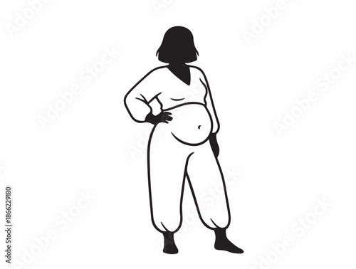 Natural body shape belly illustration, inclusive fashion art icon white background.