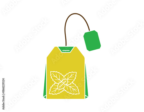 Minimalist icon of a mint tea bag. Symbol for a fresh herbal beverage. Mentha leaves graphic. Quality design components. Classic style. Vector representation.