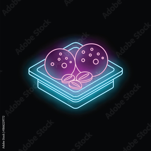 Neon icon of falafel, pita bread and hummus in an isometric view