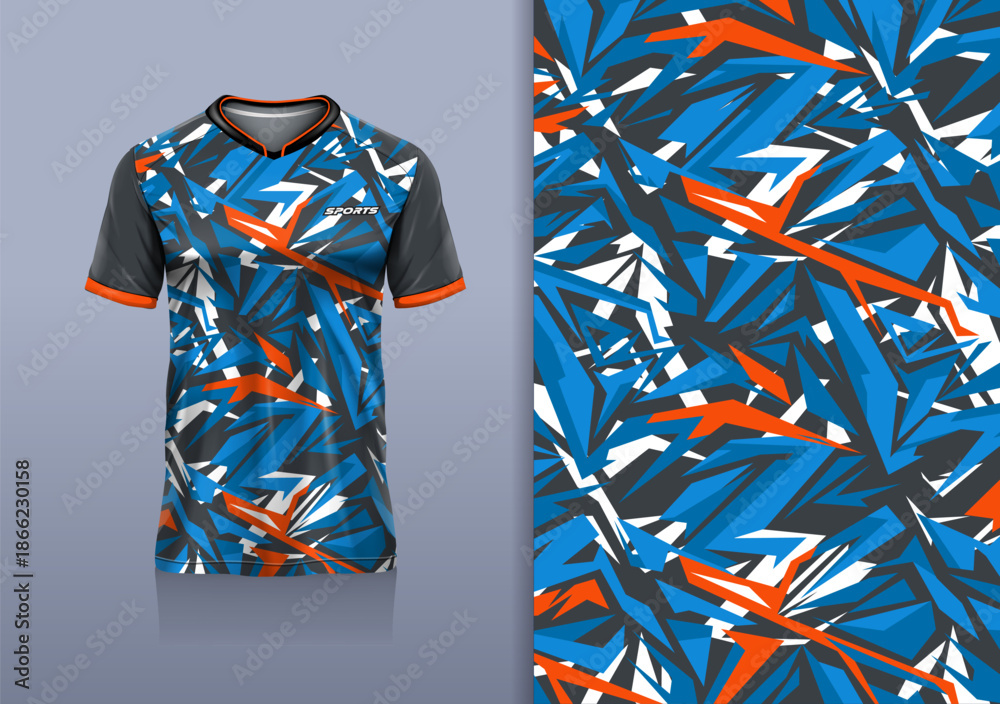 Naklejka premium T-shirt mockup with abstract stripe line sport jersey design for football, soccer, racing, esports, running, in blue orange color
