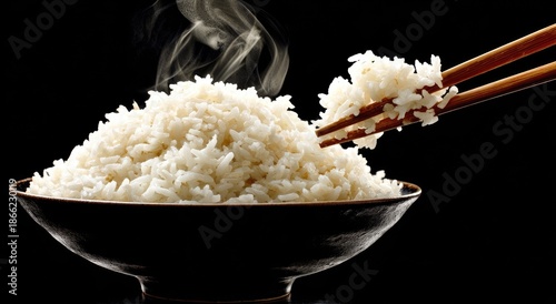 Steaming white rice in a dark bowl, chopsticks lifting a portion