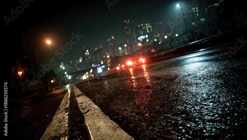 Night city street, rain-slicked asphalt