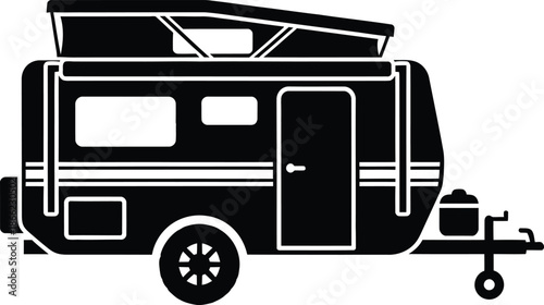 Black silhouette of a modern pop up camper trailer for outdoor travel and camping adventure featuring a rugged design with raised roof isolated on white background illustration.