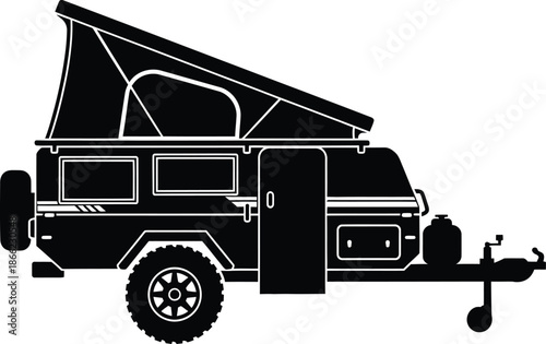Black silhouette of a rugged off road pop up camper trailer for outdoor adventure and camping trips featuring a modern design with raised roof isolated on white background.