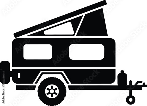 Black silhouette of a compact off road pop up camper trailer for outdoor adventure and camping trips featuring a rugged design and raised roof isolated on white background.