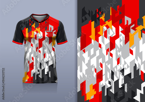 T-shirt mockup with abstract stripe line sport jersey design for football, soccer, racing, esports, running, in black red white color