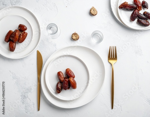 Elegant Table Setting with Dates and Water Glasses on White Surface Ready for Iftar Meal with Golden Cutlery