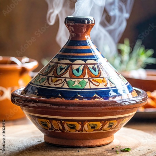 Authentic Ceramic Tagine Pot Steaming With Warmth And Flavor On A Rustic Wooden Surface