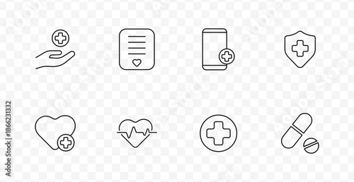Medical care set icon. Hand with cross, health document, mobile app, shield, heart with cross, heartbeat, round cross, pills in clinical healthcare line style.