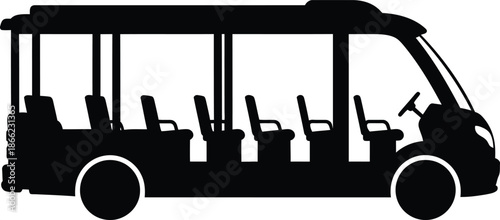 Black silhouette of a modern electric resort shuttle bus icon or sightseeing vehicle for passenger transfer service isolated on a white background.