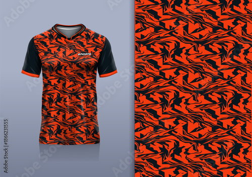T-shirt mockup with abstract grunge sport jersey design for football, soccer, racing, esports, running, in black red color