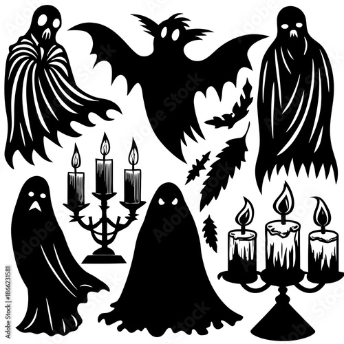 Minimalist Silhouette of Spooky Ghosts and Bats on White Background